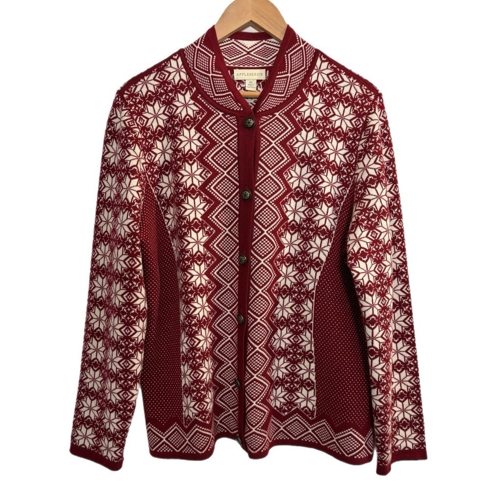 APPLESEED’S red & white Nordic pattern holiday button up cardigan